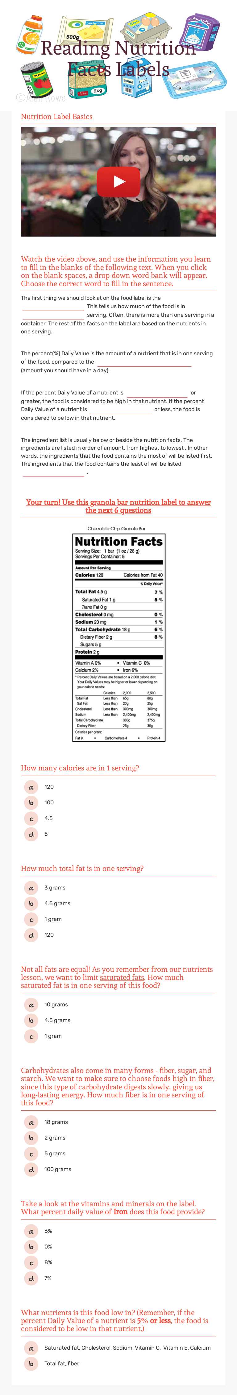 Reading  Nutrition Facts Labels worksheet preview image
