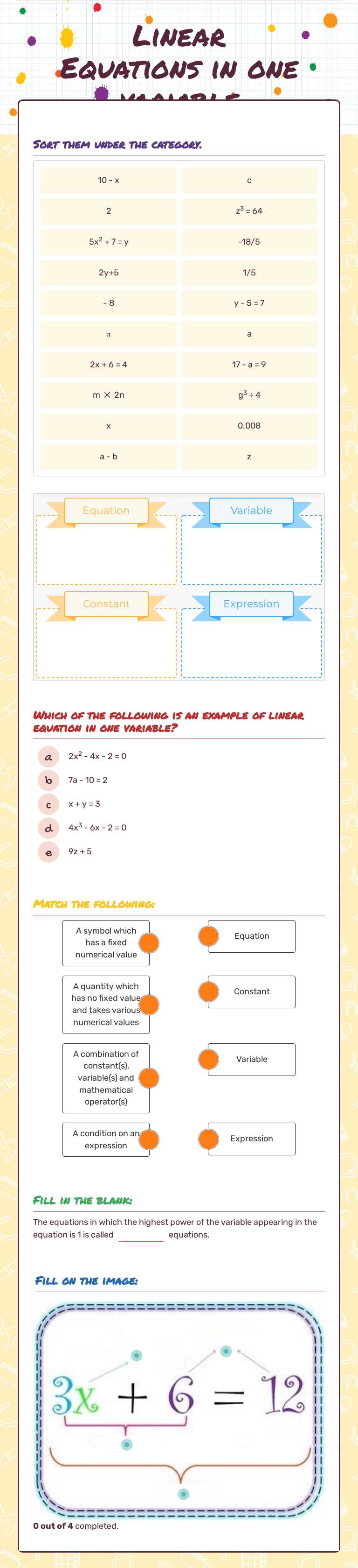 Linear Equations in one variable Grade 8 worksheet preview