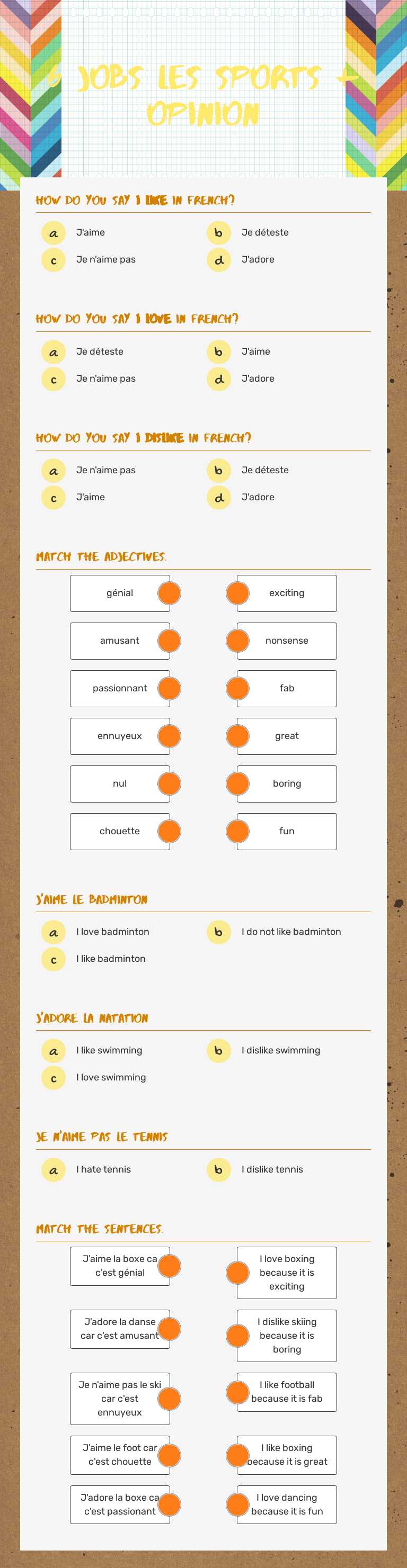 6 Jobs Les sports + Opinion worksheet preview image