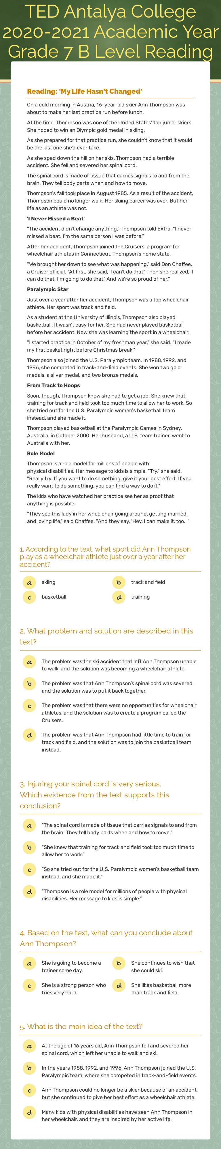 TED Antalya College 2020-2021 Academic Year Grade 7 B Level Reading Worksheet worksheet preview image