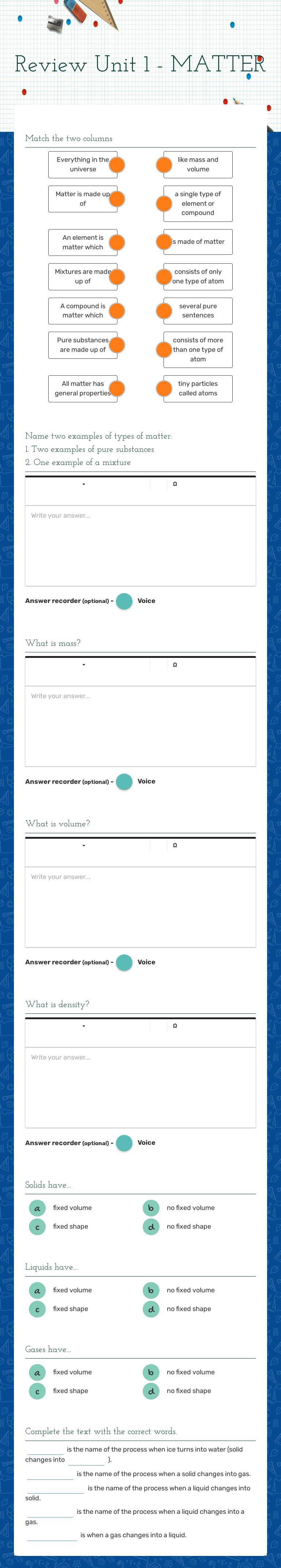Review Unit 1 - MATTER worksheet preview image