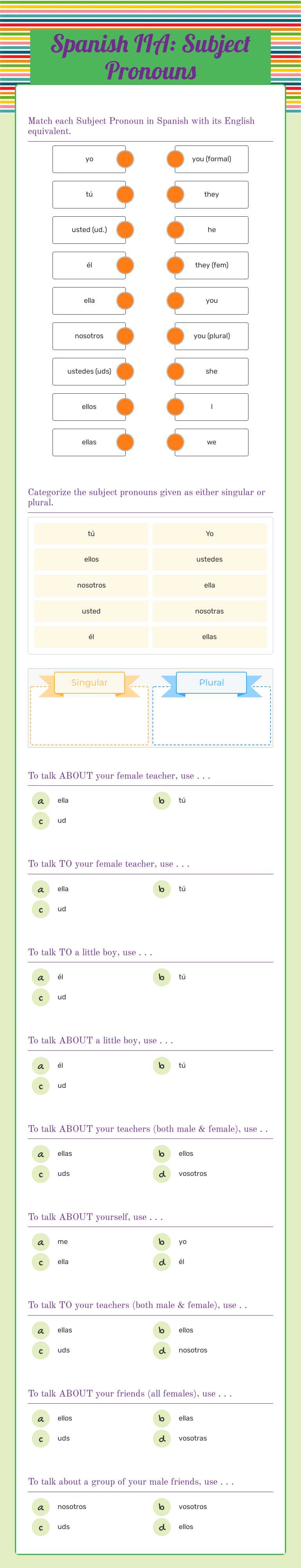 Spanish IIA: Subject Pronouns worksheet preview image