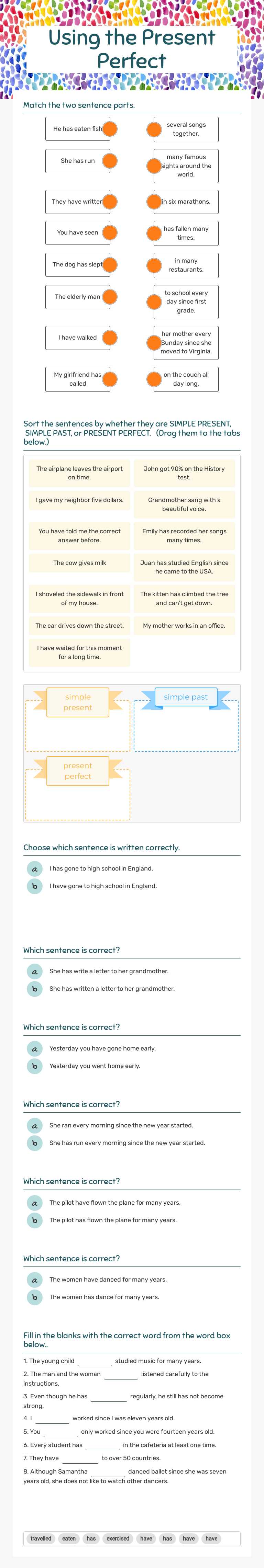 Using the Present Perfect worksheet preview image