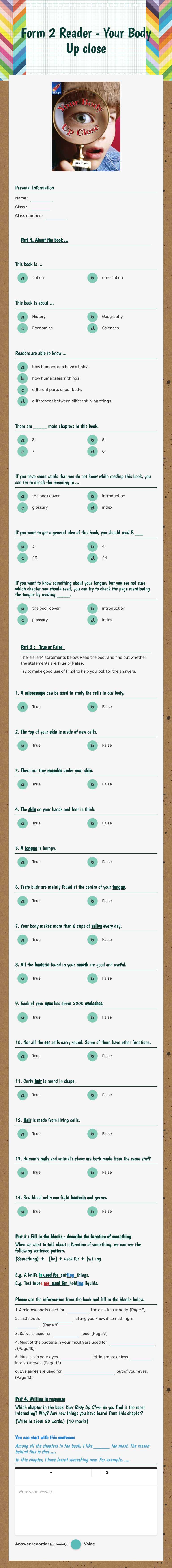 Form 2 Reader - Your Body Up close Grade 6 worksheet preview