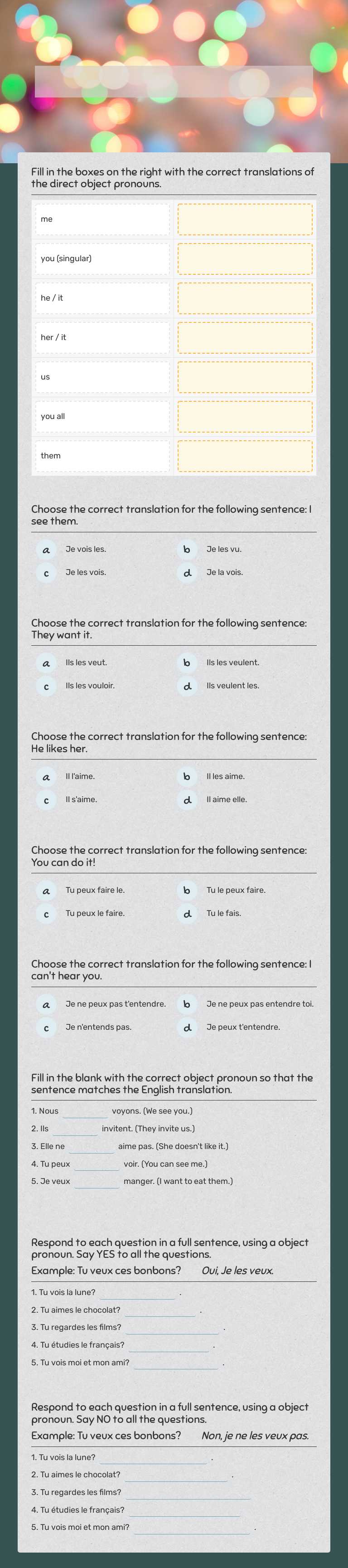 Direct Object Pronouns worksheet preview image