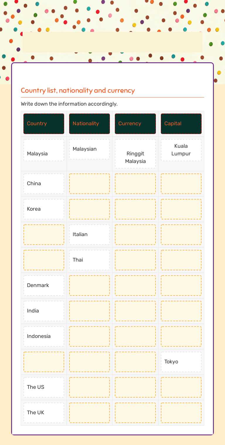 Year 5 Countries information worksheet preview image