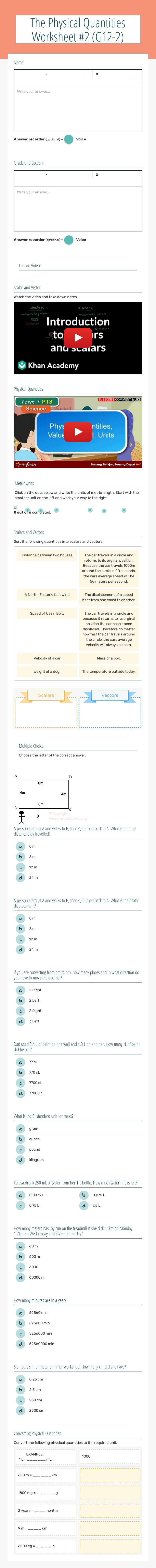 The Physical Quantities Worksheet #2 (G12-2) worksheet preview image