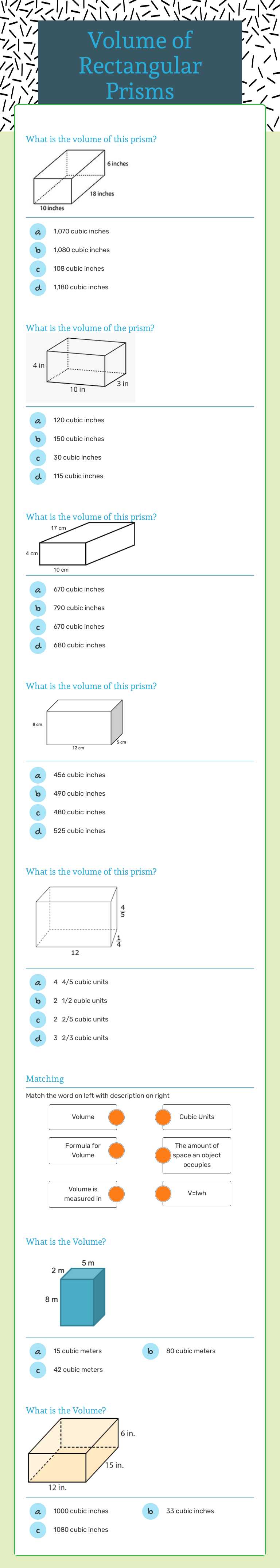 Volume of Rectangular Prisms Grade 5 worksheet preview