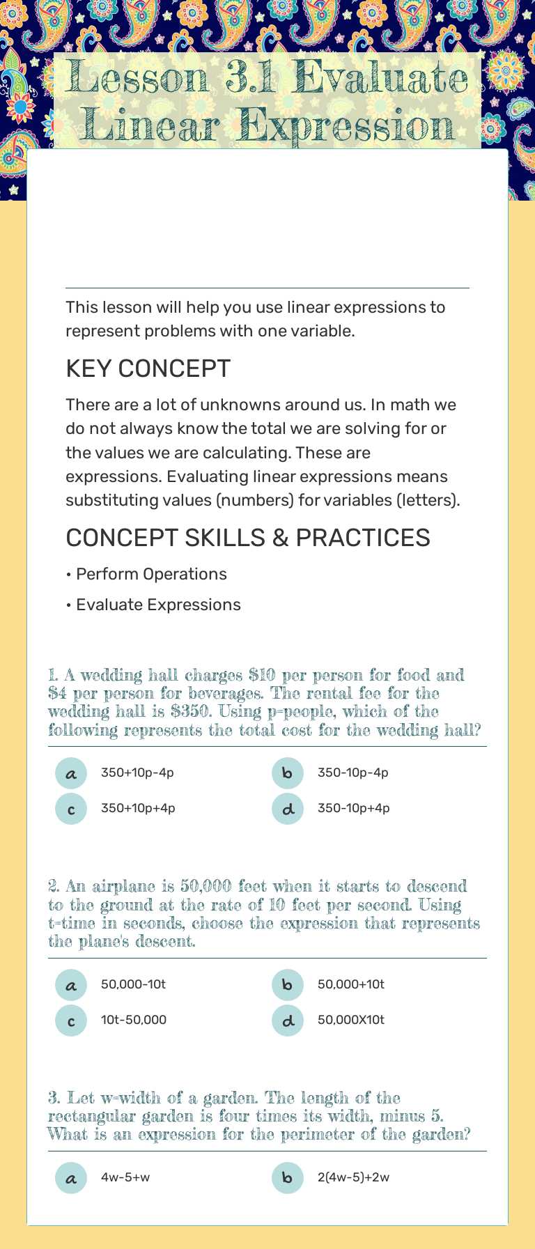 Lesson 3.1            Evaluate Linear Expression worksheet preview image