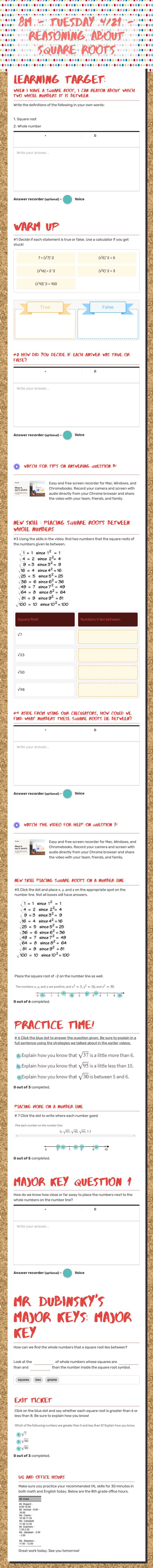 8M - TUesday 4/21 - rEASONING aBOUT sQUARE rOOTS worksheet preview image