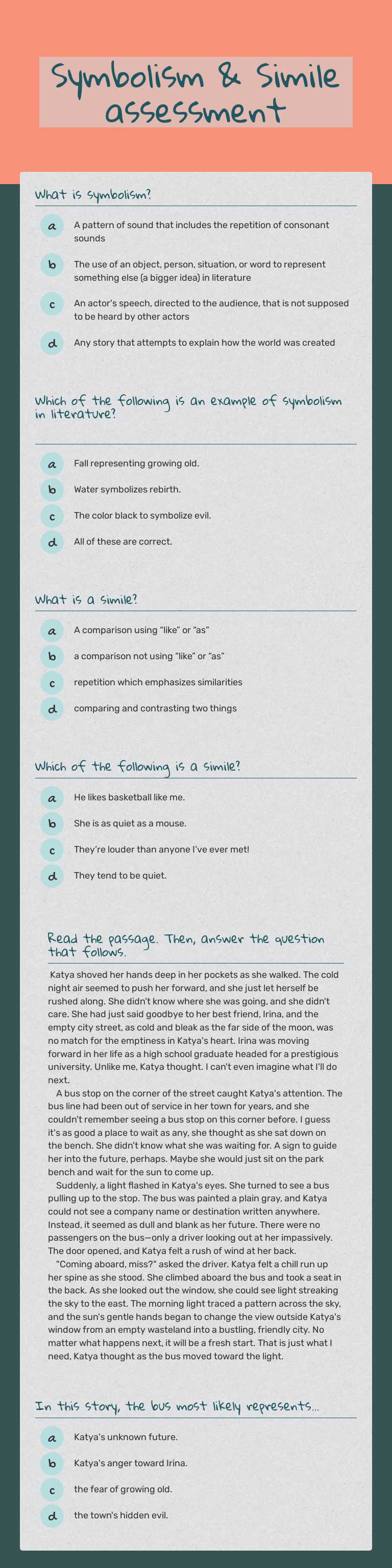 Symbolism & Simile assessment Grade 8 worksheet preview