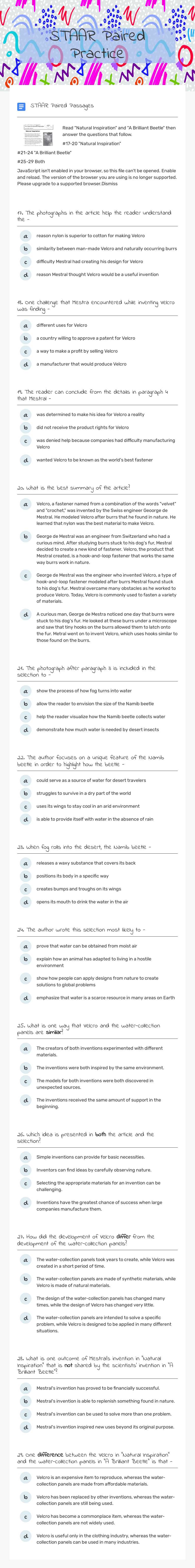 STAAR Paired Practice worksheet preview