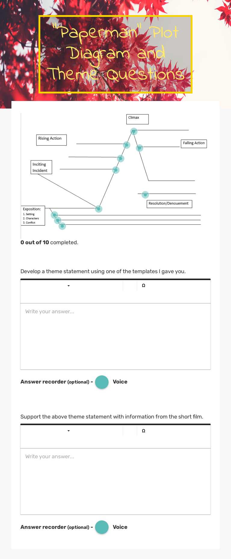 "Paperman" Plot Diagram and Theme Questions worksheet preview image