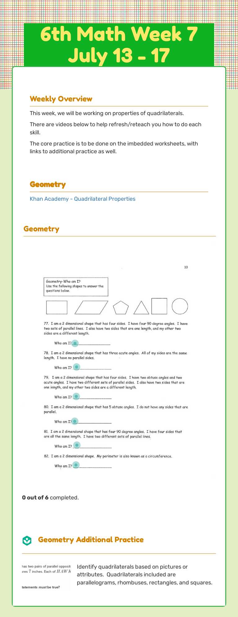 6th Math Week 7       July 13 - 17 worksheet preview image