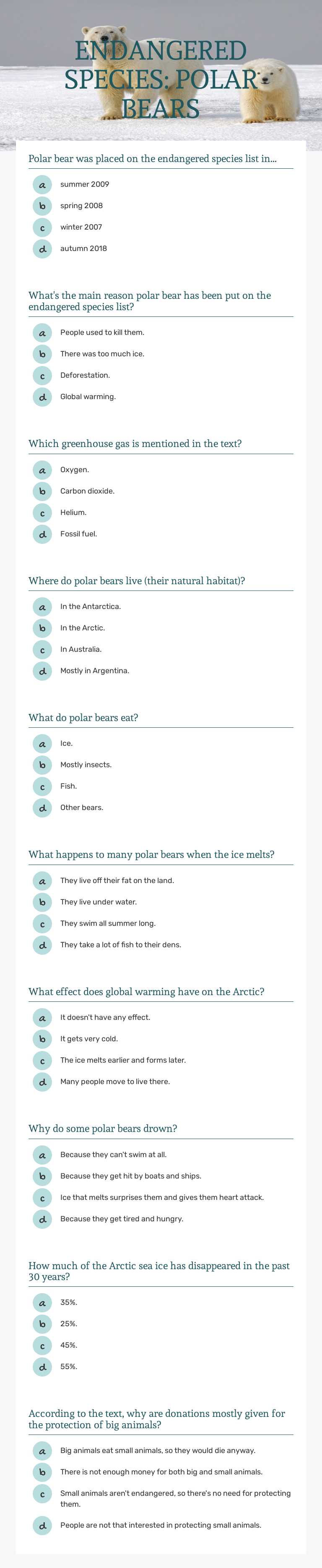 ENDANGERED SPECIES: POLAR BEARS worksheet preview image