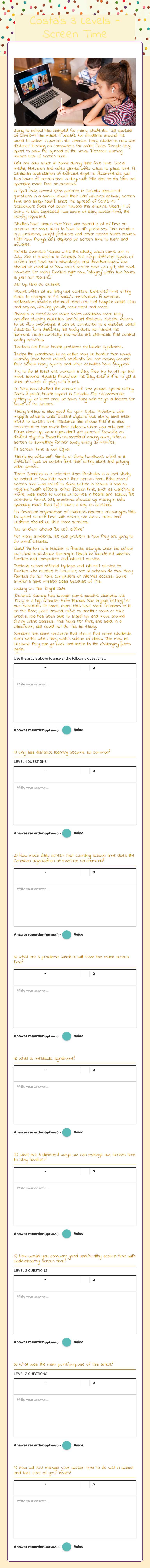 Costa's 3 Levels - Screen Time worksheet preview image