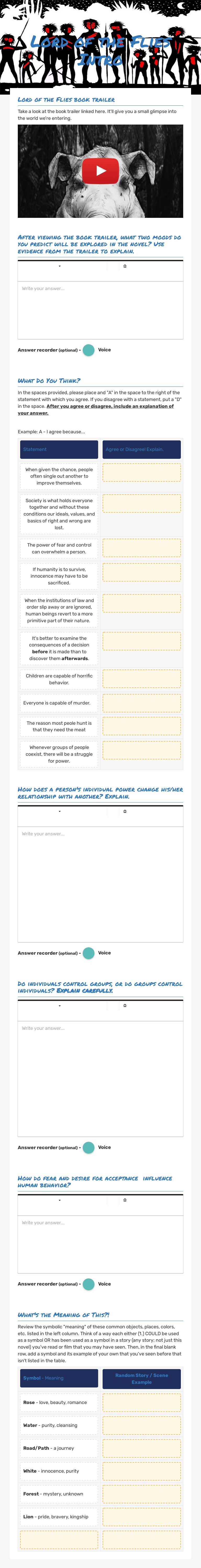 Lord of the Flies Intro worksheet preview image