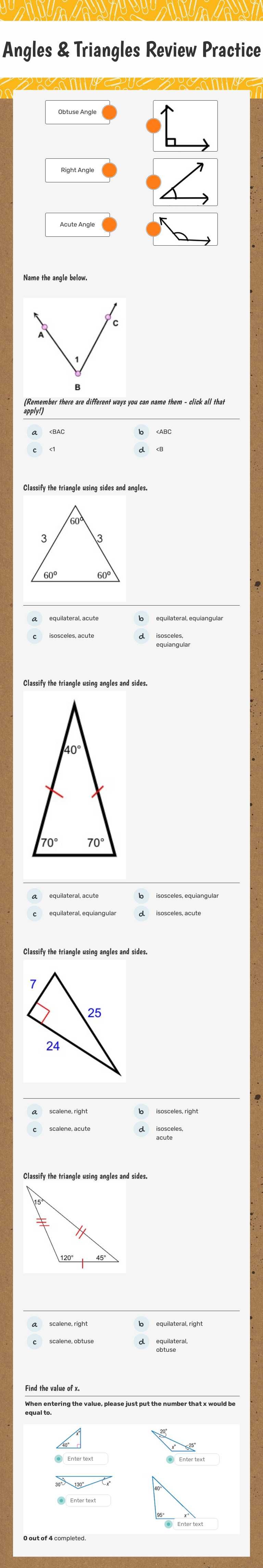 Angles & Triangles Review Practice worksheet preview image