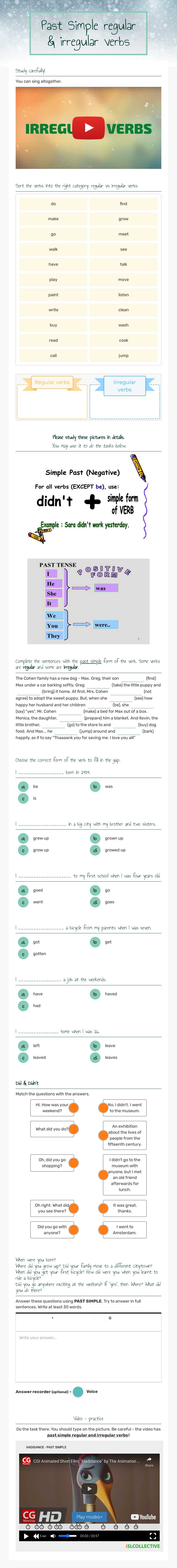Past Simple regular & irregular verbs Grade 7 worksheet preview