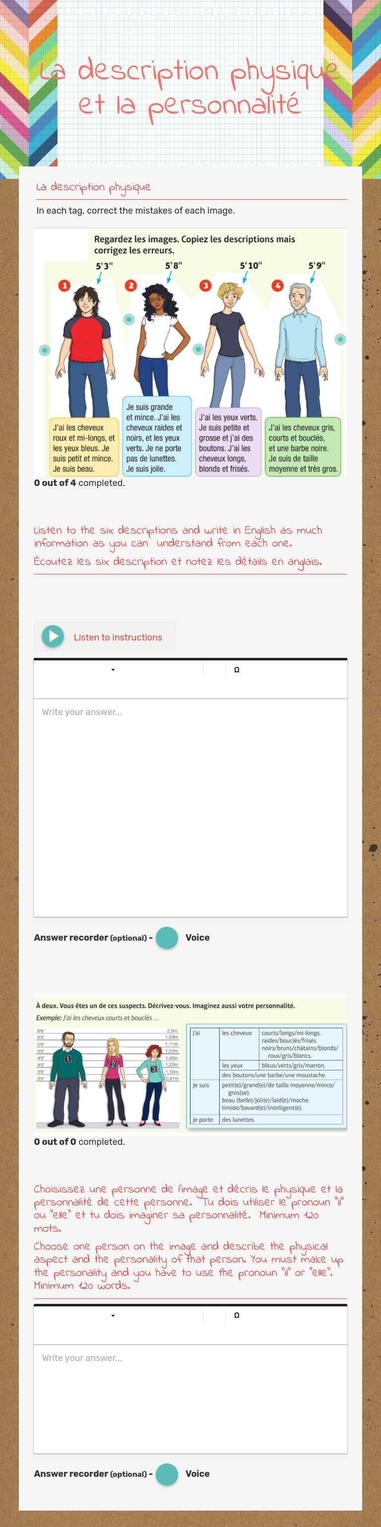 La description physique et la personnalité worksheet preview image