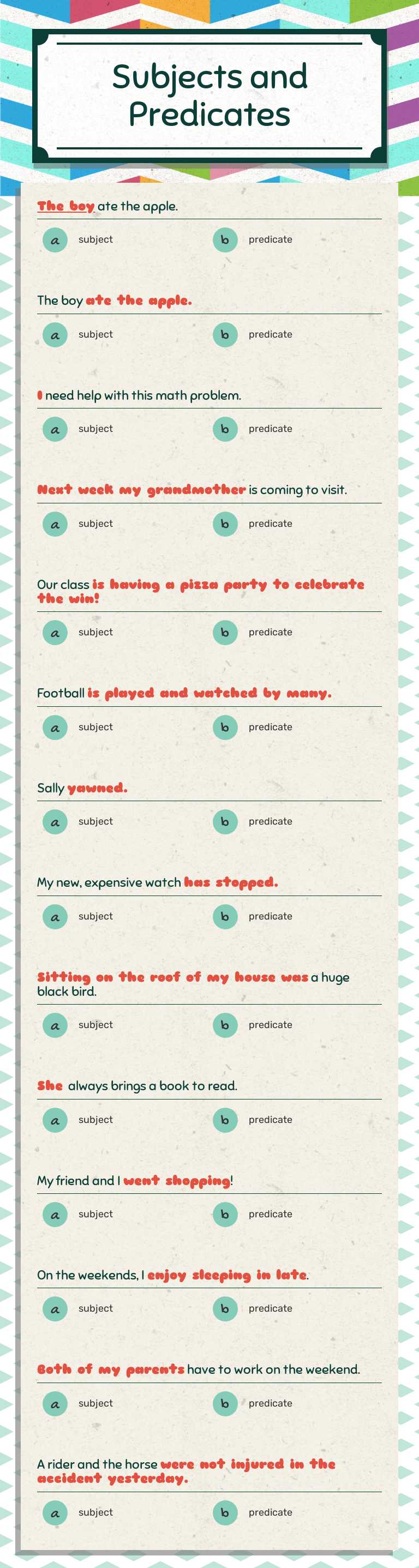 Subjects and Predicates Grade 3 worksheet preview