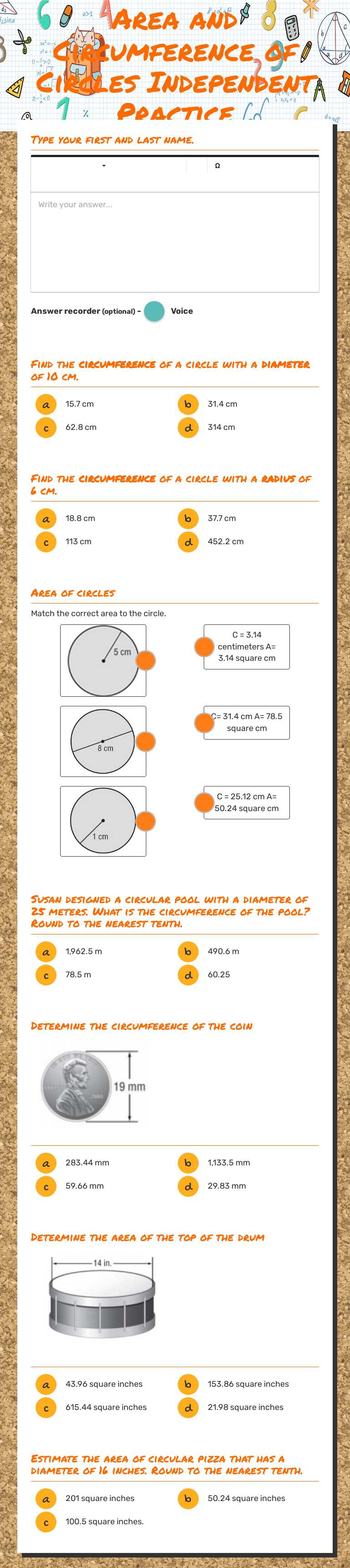 Area and Circumference of Circles Independent Practice worksheet preview image