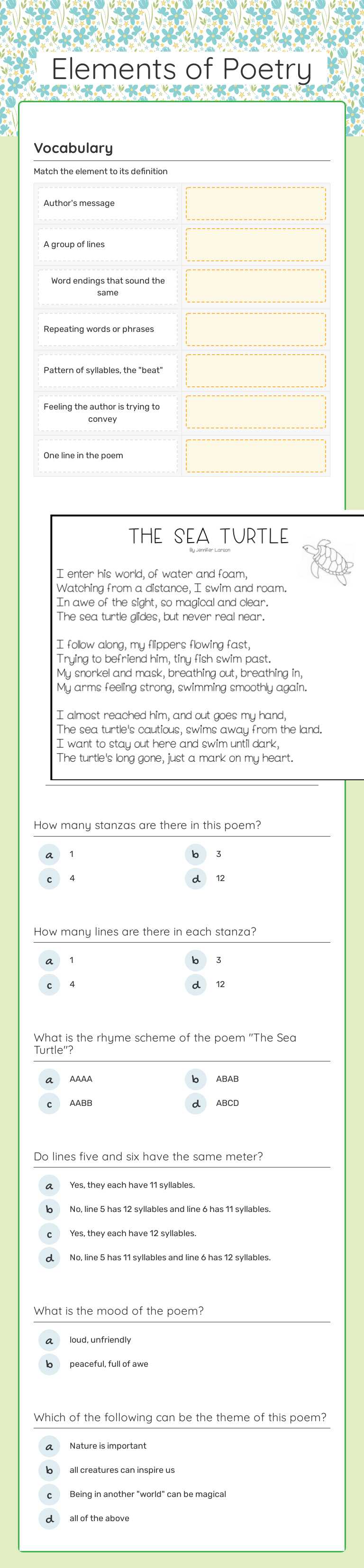 Elements of Poetry Grade 4 worksheet preview