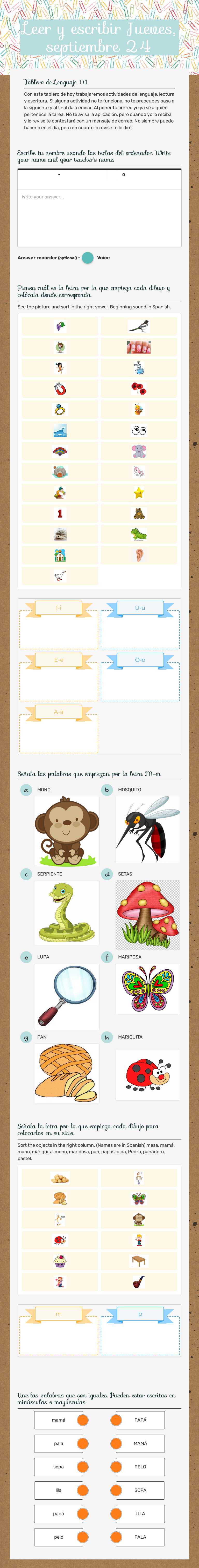 Leer y escribir     Jueves, septiembre 24 Preschool worksheet preview