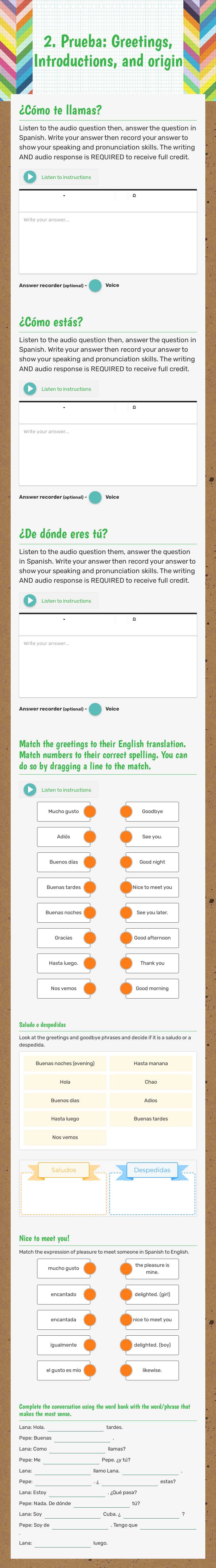 2. Prueba: Greetings, Introductions, and origin worksheet preview image