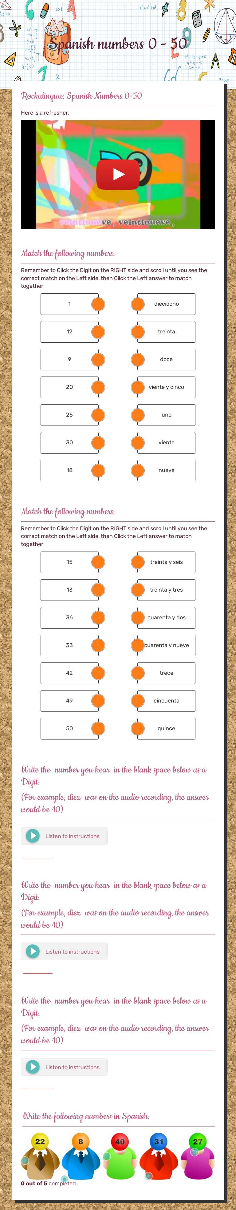 Spanish numbers 0 - 50 Grade 10 worksheet preview