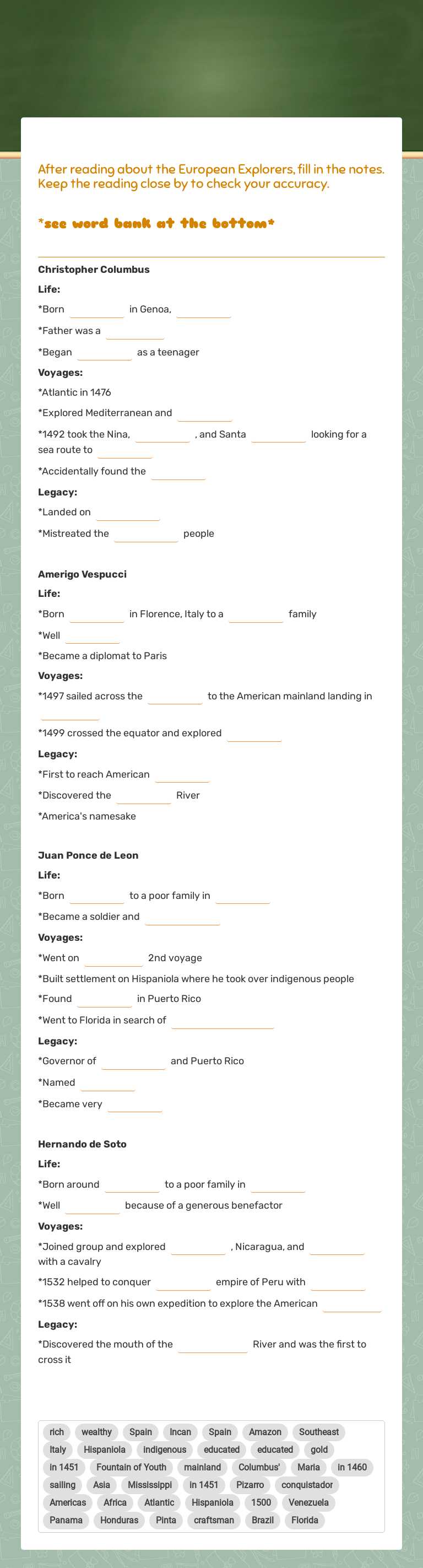 European Explorers Notes Grade 4 worksheet preview