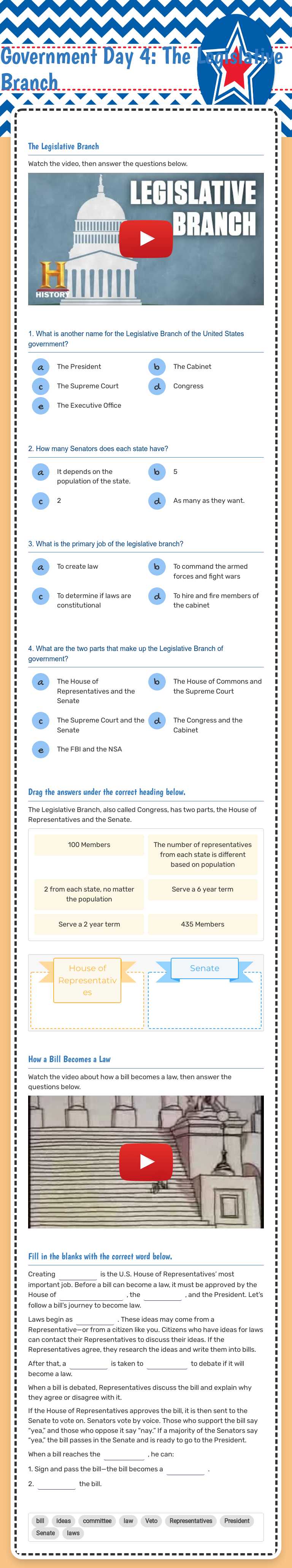 Government Day 4:                   
    The Legislative Branch worksheet preview image