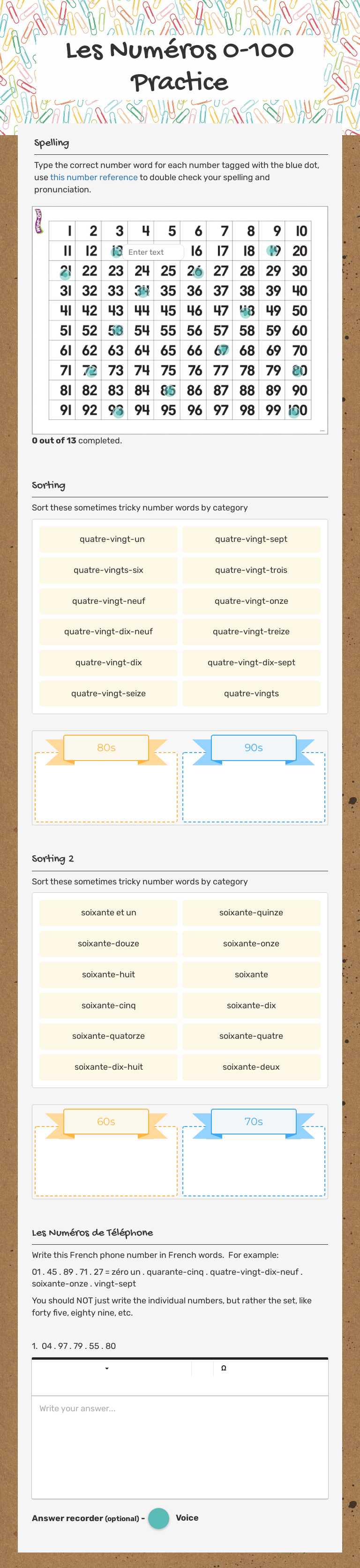 Les Numéros 0-100 Practice Grade 10 worksheet preview