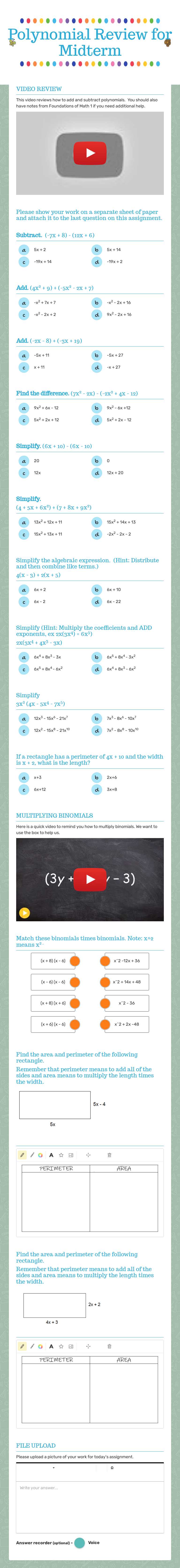 Polynomial Review for Midterm worksheet preview image