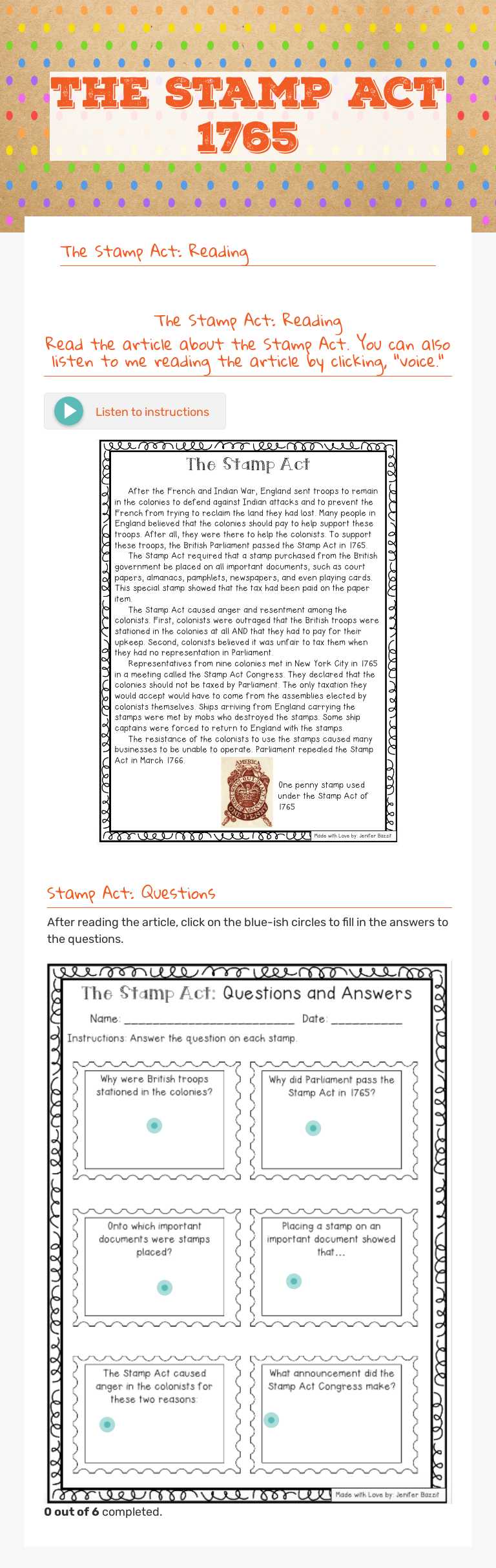THE Stamp Act 1765 worksheet preview image
