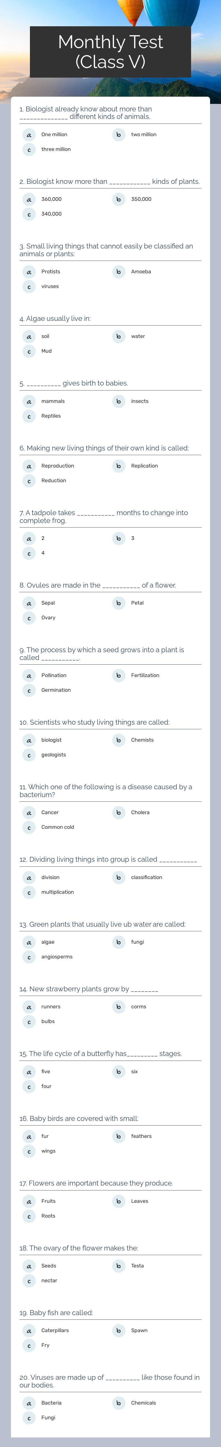 Monthly Test (Class V) Grade 5 worksheet preview