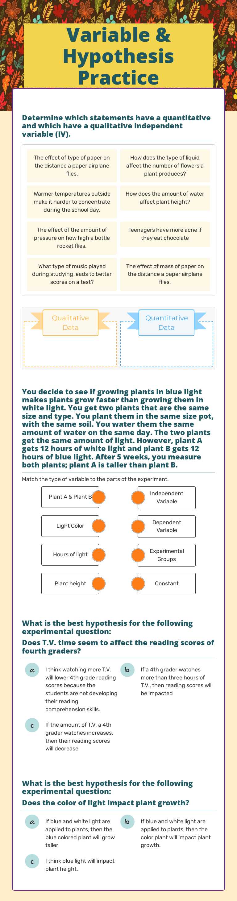 Variable & Hypothesis Practice worksheet preview image