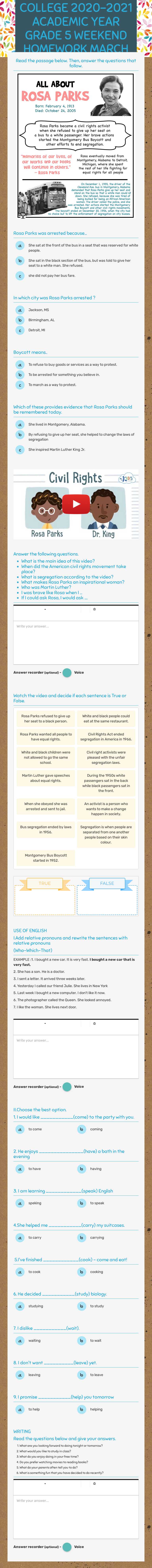 TED ANTALYA COLLEGE 2020-2021 ACADEMIC YEAR GRADE 5 WEEKEND HOMEWORK MARCH 26 worksheet preview image