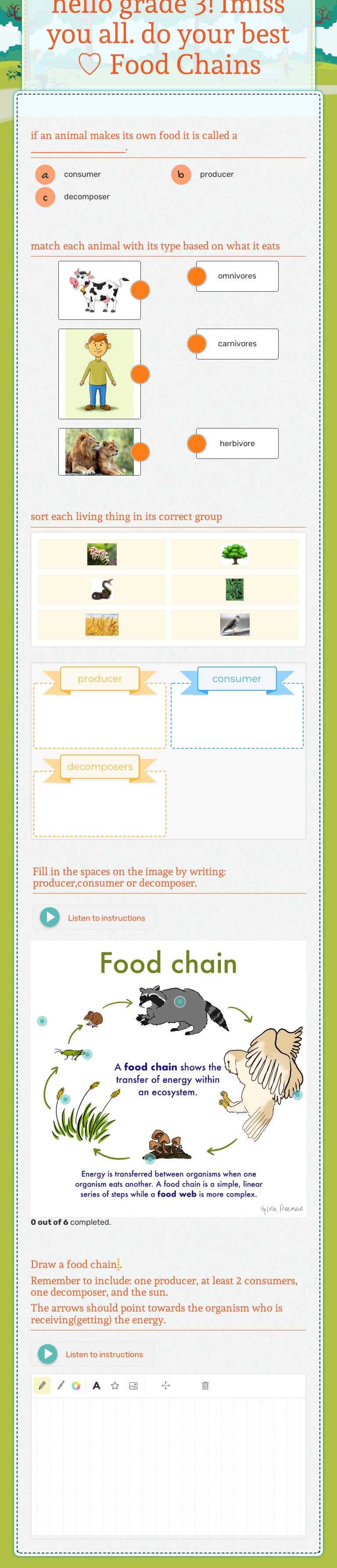 hello grade 3! Imiss you all. do your best ♡ Food Chains worksheet preview image