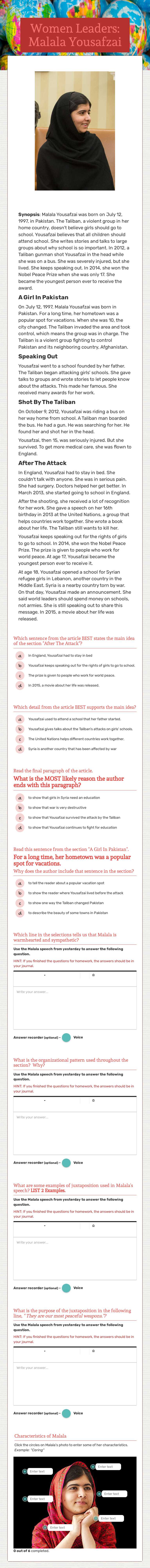 Women Leaders: Malala Yousafzai worksheet preview image