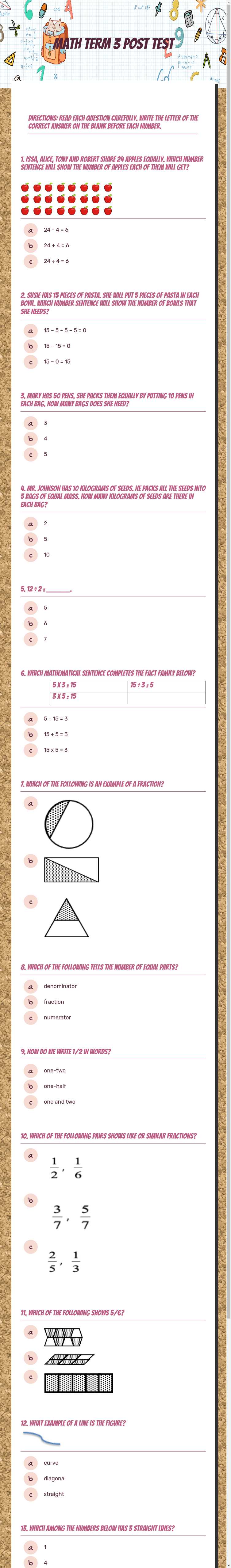 Math Term 3 Post Test worksheet preview image