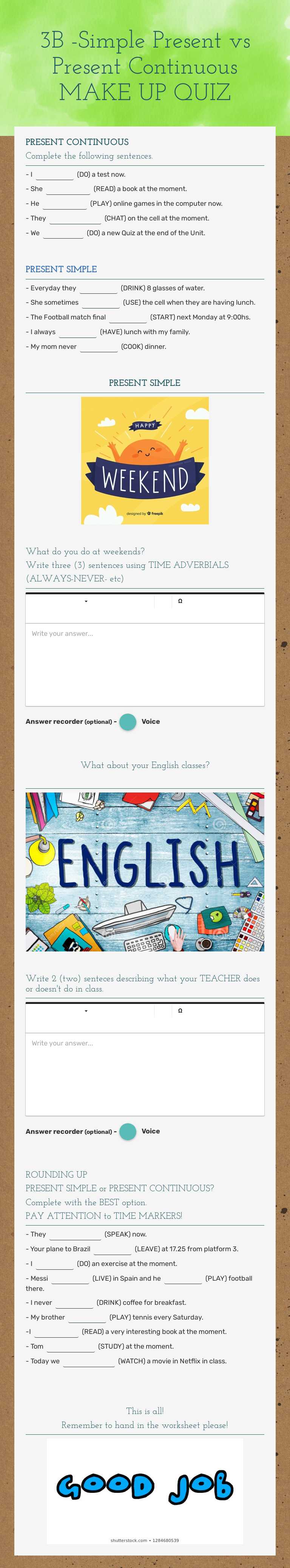 3B -Simple Present vs Present Continuous MAKE UP QUIZ worksheet preview image