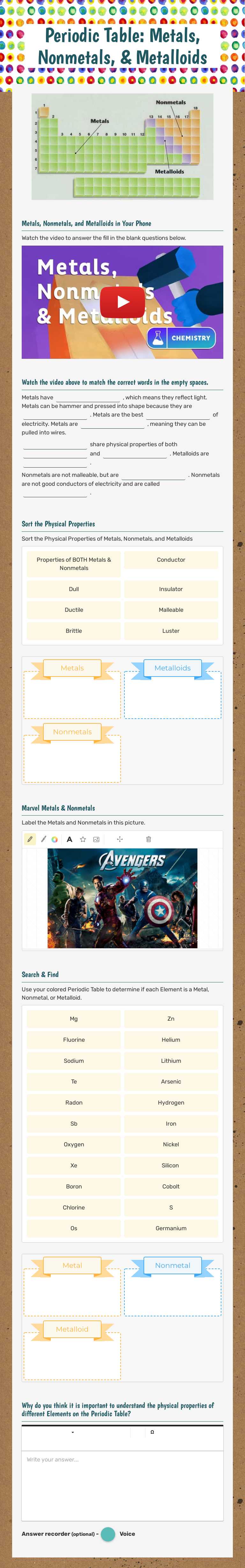 Periodic Table: Metals, Nonmetals, & Metalloids worksheet preview image