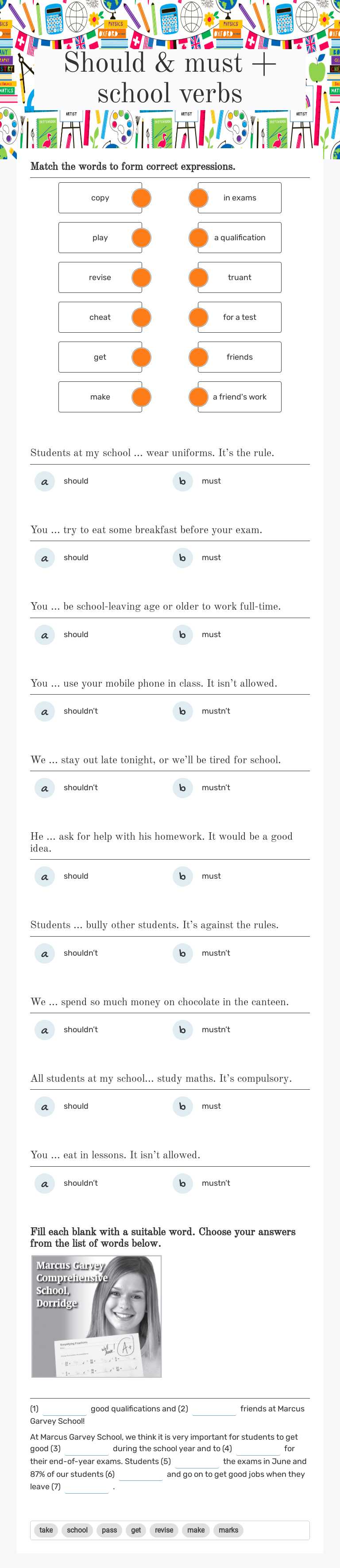 Should & must + school verbs worksheet preview image