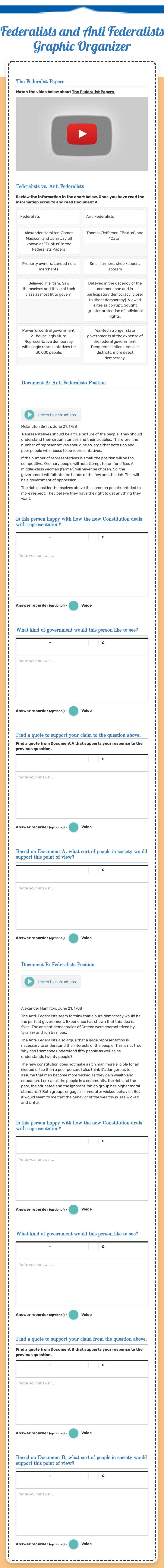 Federalists and Anti Federalists Graphic Organizer worksheet preview image