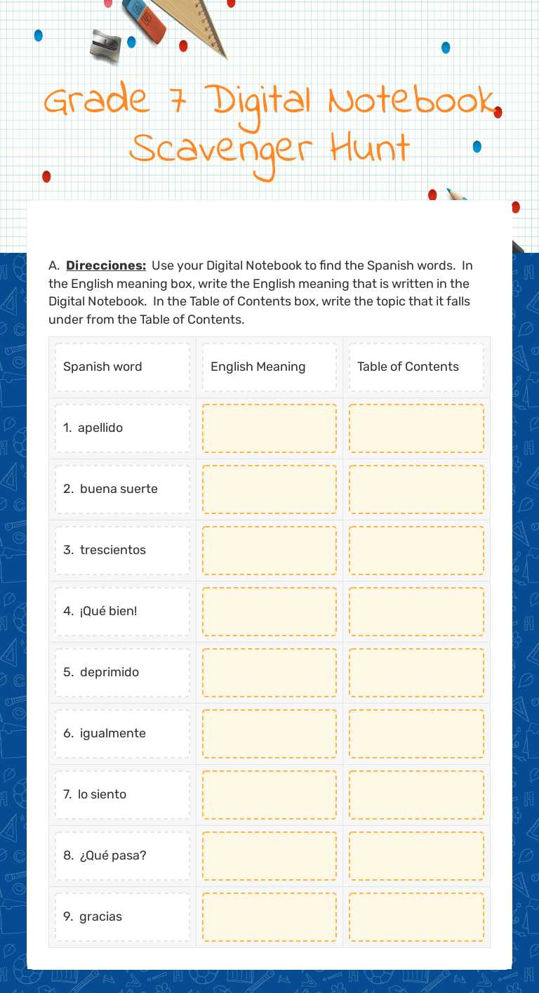 Grade 7 Digital Notebook Scavenger Hunt worksheet preview image