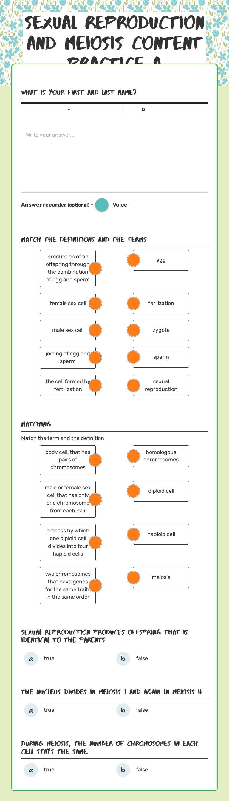 Sexual Reproduction and Meiosis content Practice A worksheet preview image