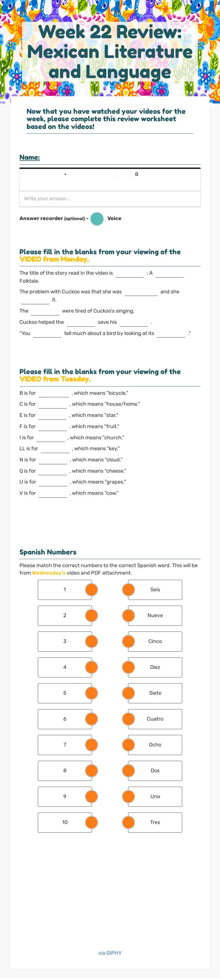Week 22 Review: Mexican Literature and Language Grade 3 worksheet preview