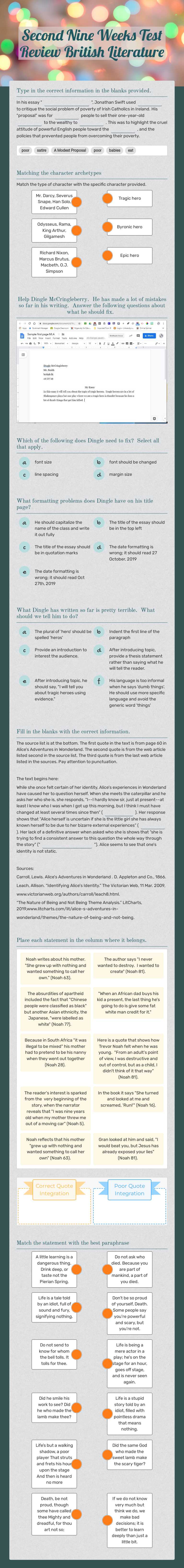 Second Nine Weeks Test Review British Literature worksheet preview image