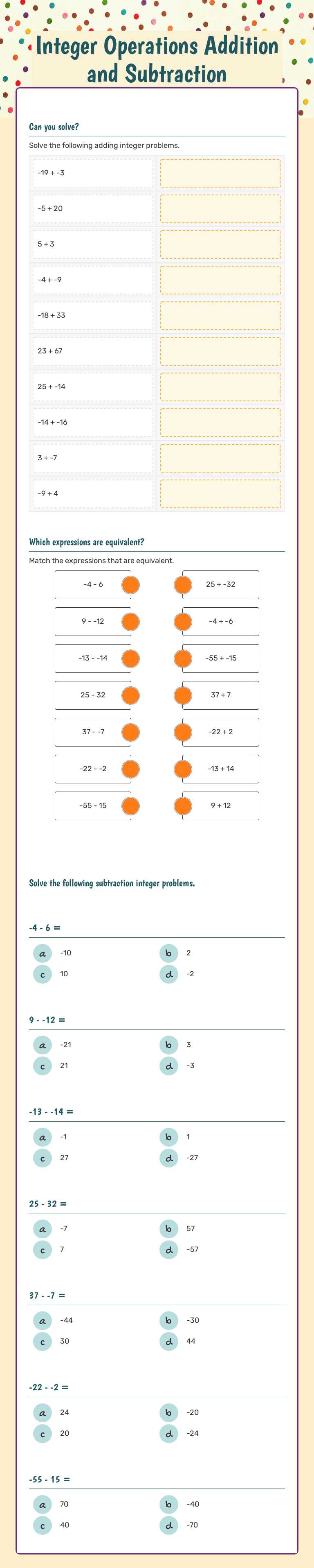 Integer Operations Addition and Subtraction by Christy Richardson ...
